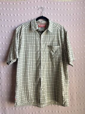 Simms Men’s Short Sleeve Button Up Plaid Shirt Sz XL Green